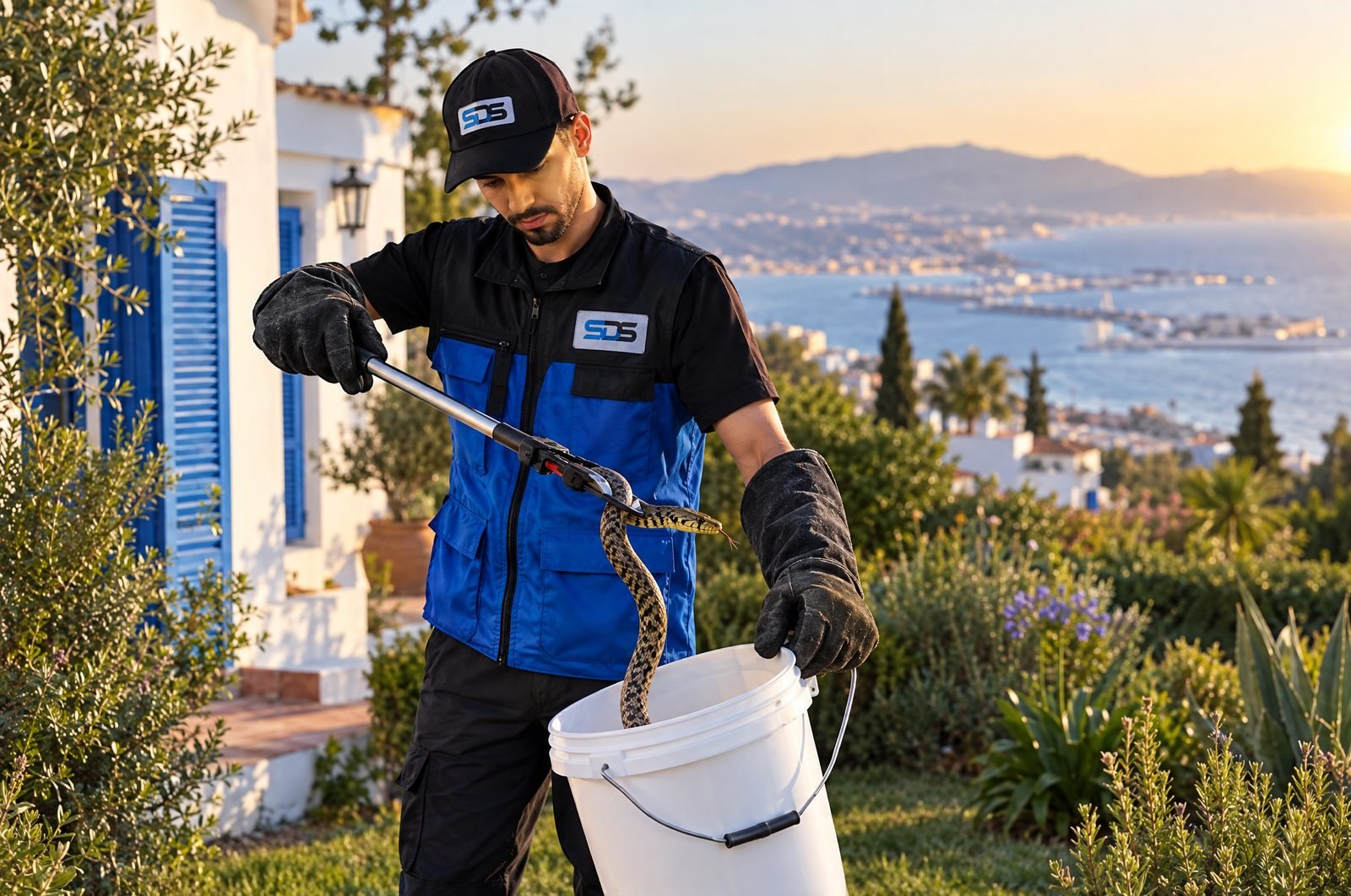 Technicien SDS NORD MAROC réalisant la capture sécurisée d'un serpent dans un jardin à Tanger