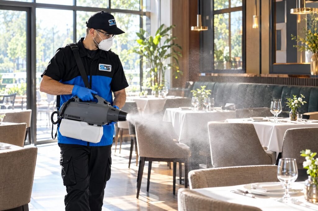 Désinfection par nébulisation d’un restaurant à Tanger par un technicien SDS NORD MAROC