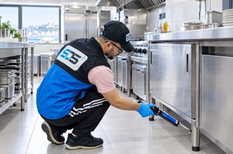 Technicien SDS NORD MAROC appliquant un gel anti-cafards dans une cuisine de restaurant à Tanger