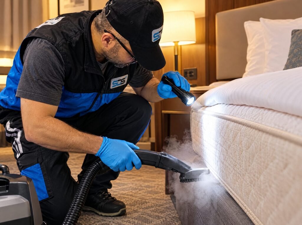 Inspection et traitement vapeur des punaises de lit dans une chambre d’hôtel à Tanger par SDS NORD MAROC