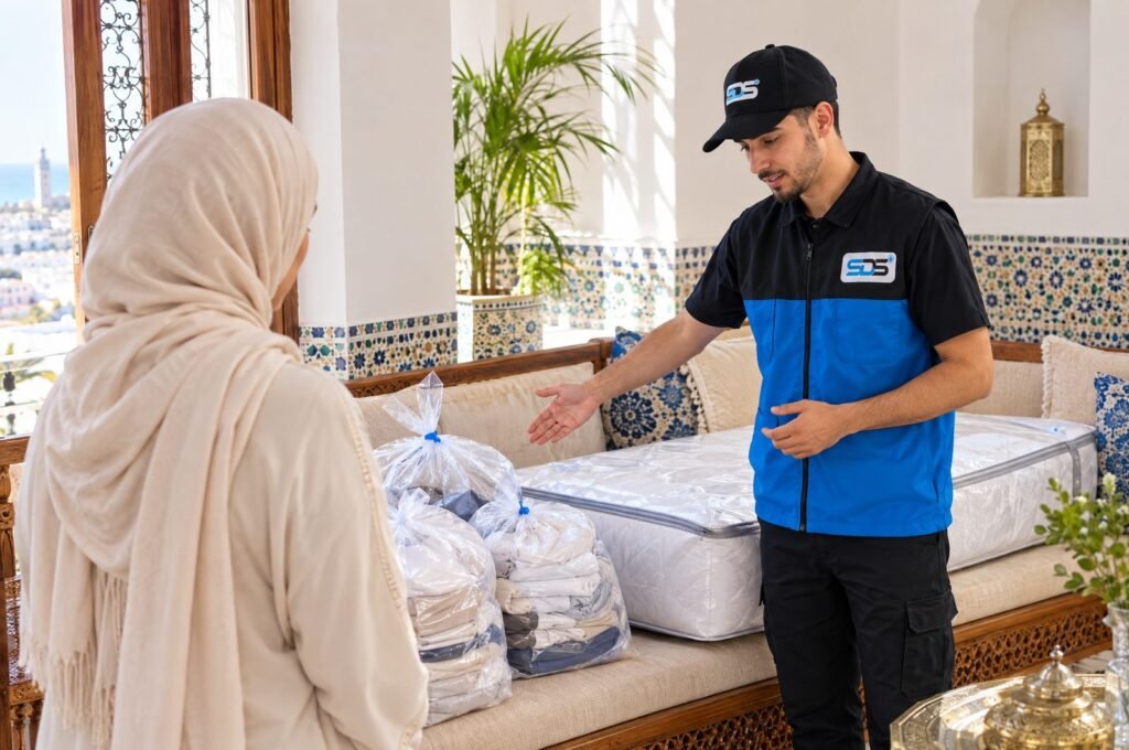 Technicien SDS NORD MAROC expliquant la préparation avant un traitement punaises de lit dans un riad à Tanger