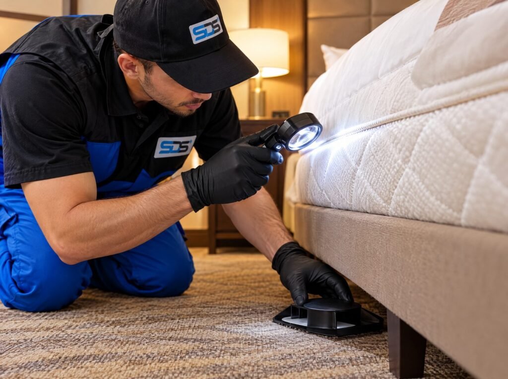 Pose d’un détecteur et inspection d’un matelas contre les punaises de lit dans un hôtel à Tanger